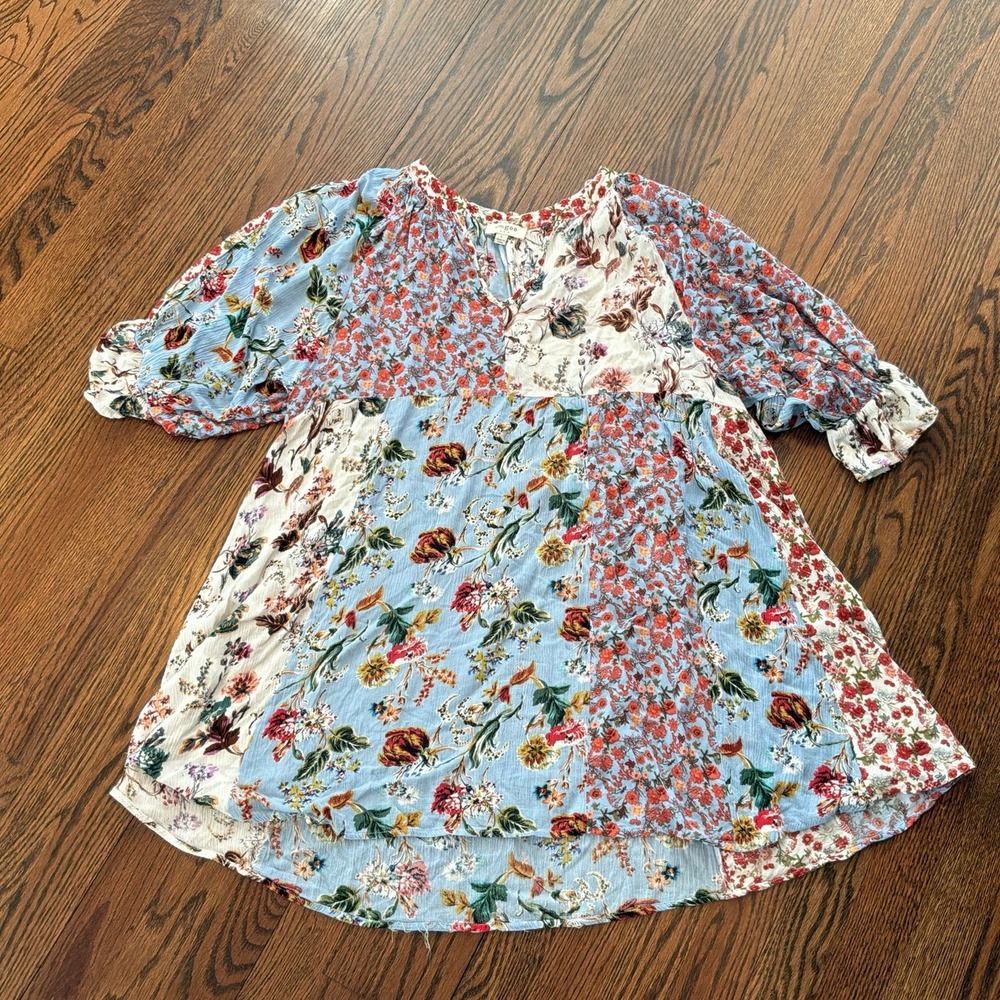 Umgee USA Womens Patchwork Floral‎ Boho Cottagecore Whimsy  Mini Dress Size L
